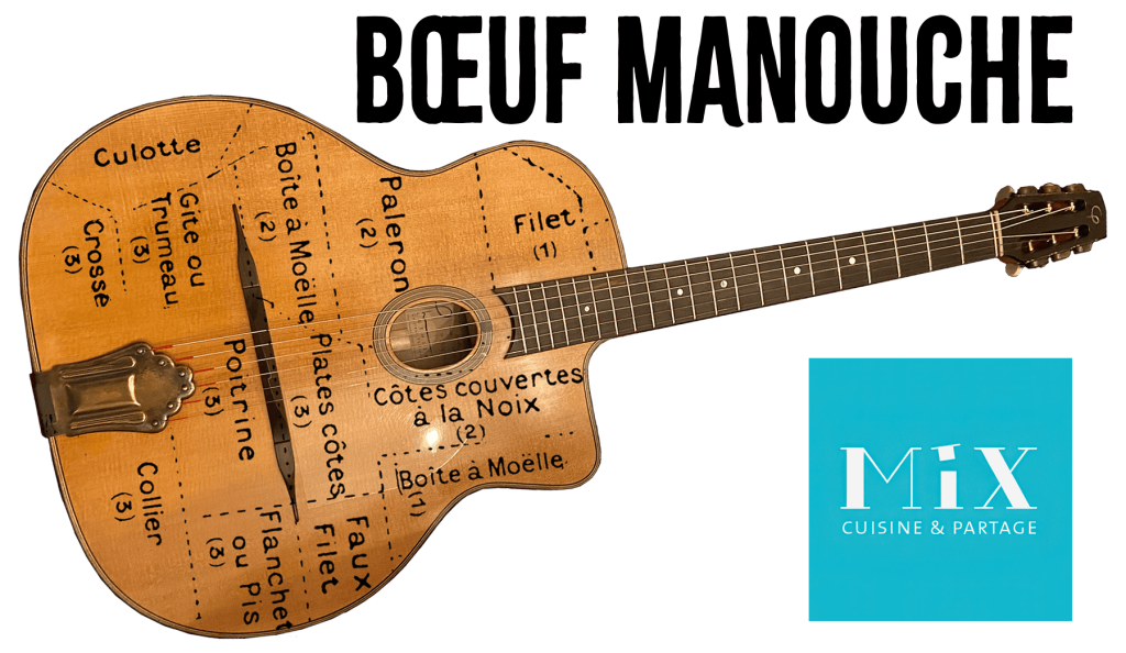 Bœuf manouche au Mix — guitare manouche et logo Mix Cuisine & Partage