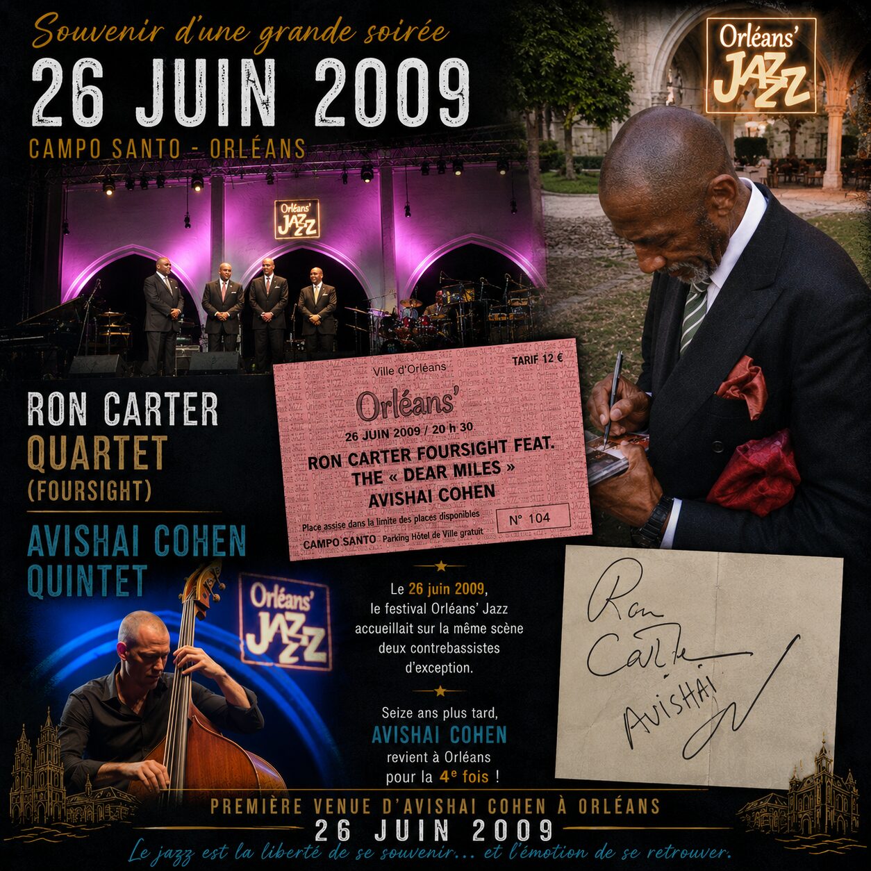 Souvenir du 26 juin 2009 — Avishai Cohen au Campo Santo, Orléans Jazz Festival — ticket et autographes